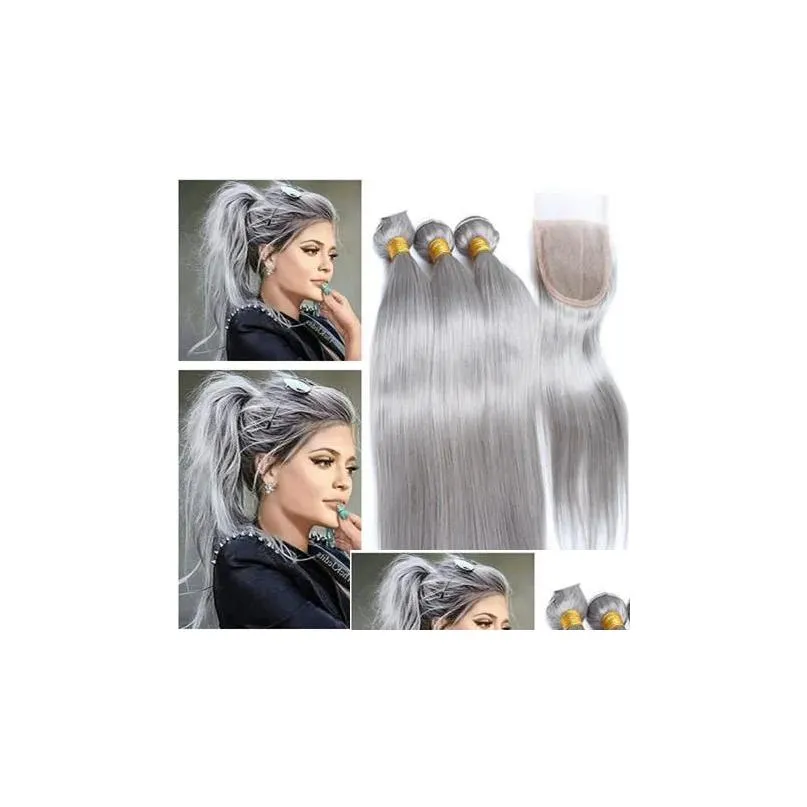 Haarscheuchen Brazilian Sier Grey Bündel 3pcs mit 1PC -Verschluss 4pcs Los gerade grau gefärbtes menschliches Gewebe 4x4 Lace Drop Lieferung Produkt OT1OR
