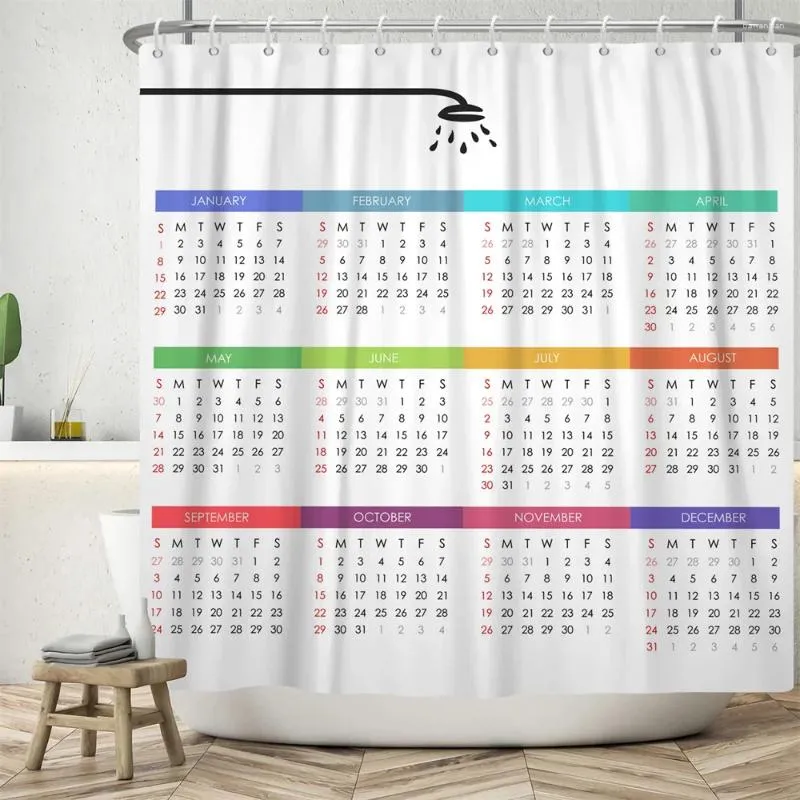 Duschgardiner kalender tryckt för badrumsdekor vit färg vattentät polyester tygbad gardin med krokar