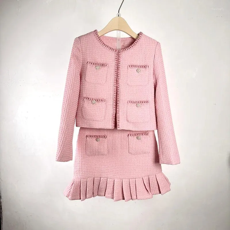 Robes de travail françaises rose petit parfum Femmes sucrées Suit o cou manche à manches longues en manteau plipe de haute qualité