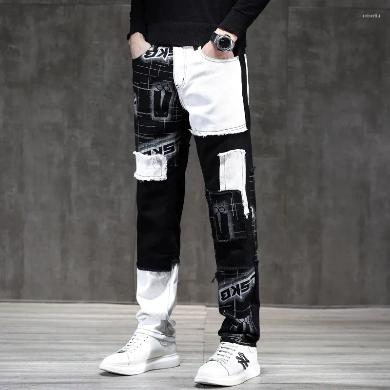 Men's Slim Fit Straight Leg Jeans with Black and White Contrast Stitching  and Print Motorcycle Trousers