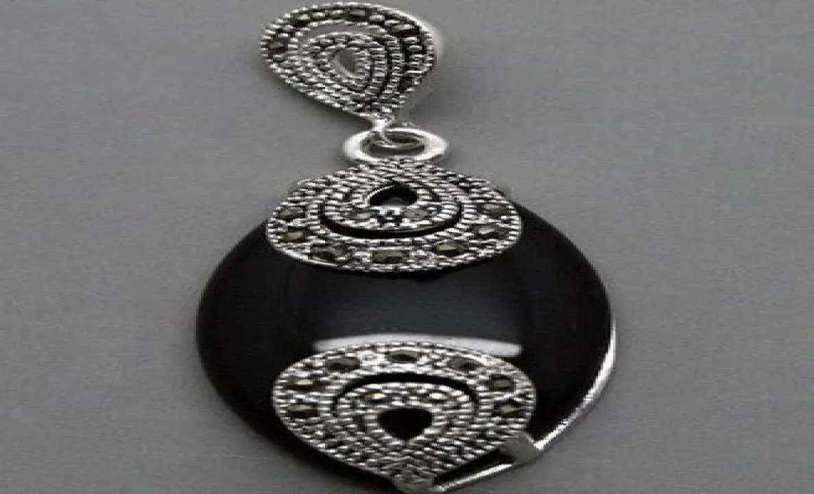 Vintage 18mmX40mm Marcasite Black Agates 925 Sterling Silver Drop Pendant4806883