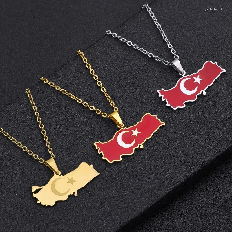 Pendant Necklaces Turkey Ethnic Map Flag Necklace Stainless Steel Gold Silver Color Men Women Turkish Country Jewelry Gift