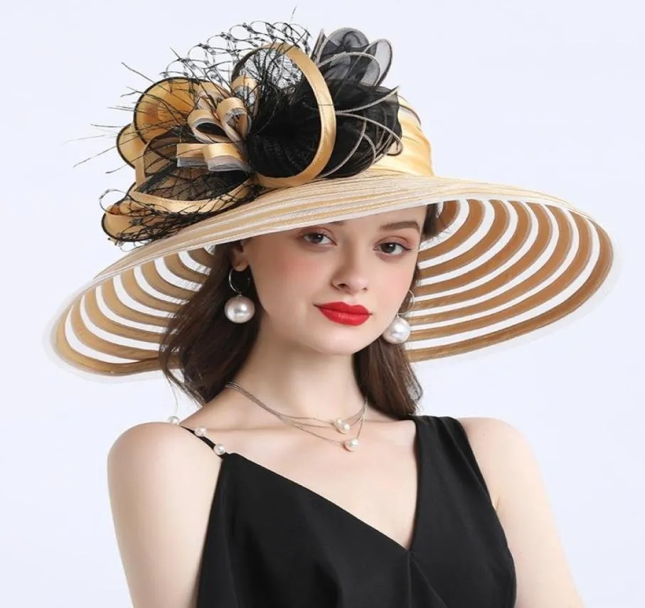 Elegante vrouwen veren bloem gestreepte Kentucky derby hoed 16 cm brede runk kerk jurk zon hoed dame strand feest trouwhoed y24652839