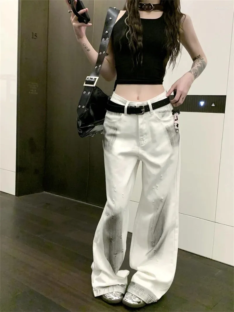 Damskie dżinsy slergiri białe graffiti hip hop workowate y2k streetwear moda vintage wysokiej talii bawełniane bawełniane spodnie z paskiem