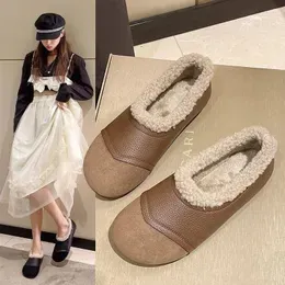 Casual Shoes Women's 2024 Winter Retro Velvet Round Toe Soft Sole Leather One Step Warm Cotton