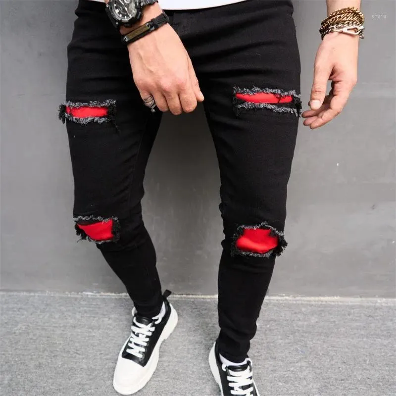 Męskie dżinsy amerykańskie modne czarne czerwone patchwork High Street koreańskie szczupłe spodnie rozryte dziura Hip Hop Męskie dżinsowe spodnie
