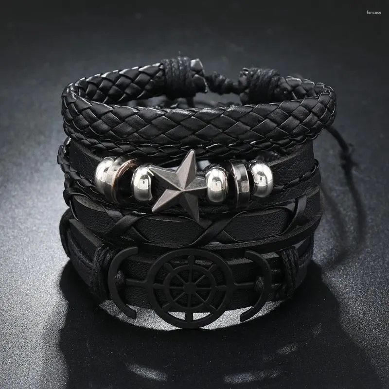 Linkarmbanden lederen armband voor mannen retro multi-layer gevlochten touw pentagram anker hand sieraden