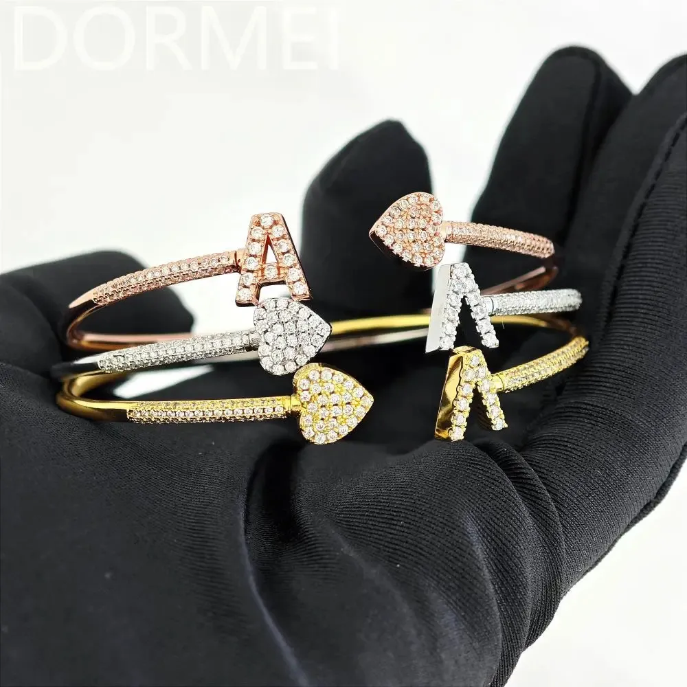 Doremi Bangle Full Zircon Letter Heart Bracelet Initial Name Crystal Mirco Retting Bar Cuff Mothers Day Gift 240416