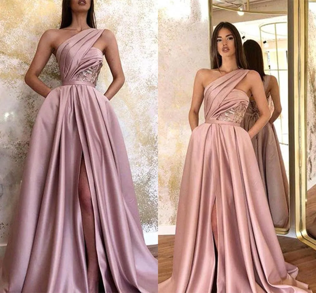 Dusty Pink Split Evening Dresses Arabic Stylish A Line One Shoulder Prom Gowns Women Occasion Formal Vestidos Custom made BC18505