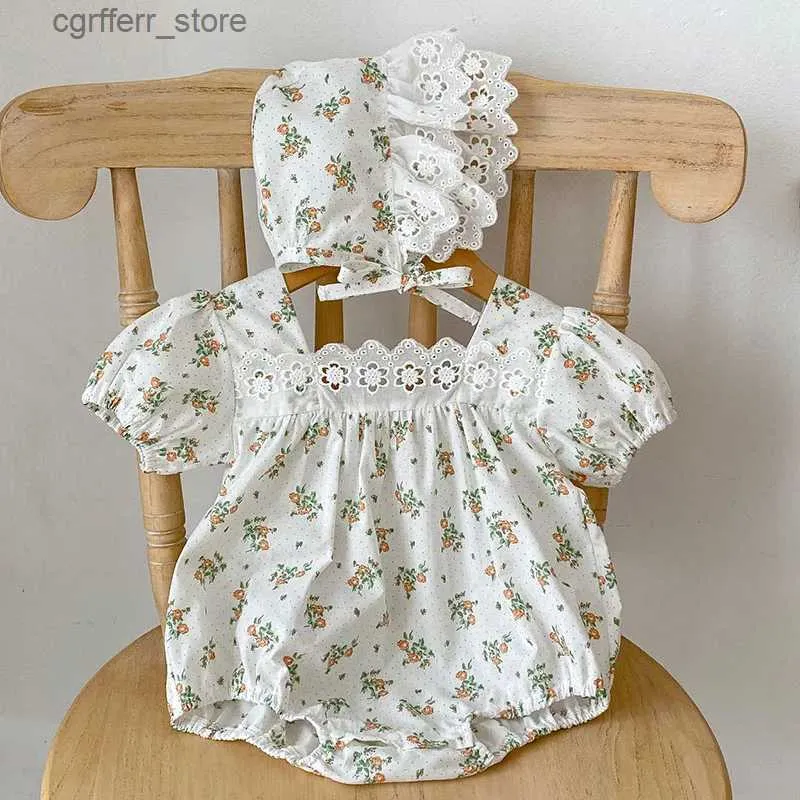 Rompers Bodysuit Baby Girl Clothes Flowers Summer Stampa per neonati Rompetti in pizzo salta per colletto in pizzo di cotone dolce bambino abbigliamento da ragazza 0-24m L410