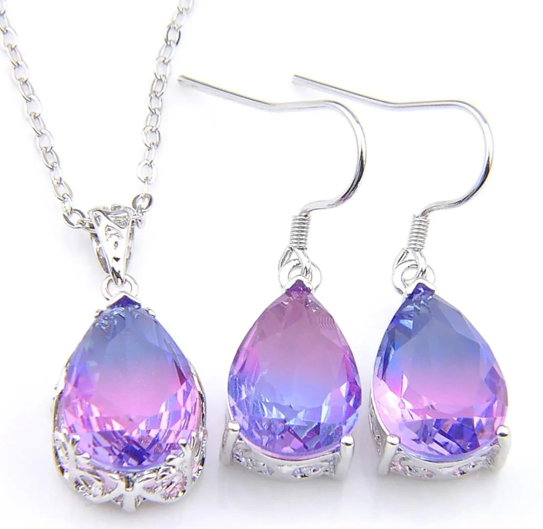 Luckyshine 5 SetsLot Light purple TriCOLORED Tourmaline Crystal Zircon 925 Silver Women Holiday Gift Pendant Necklace Earring Je2094727