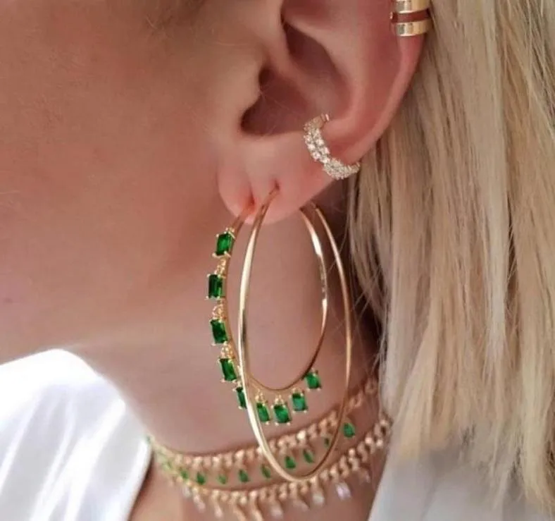 Hoop Huggie Gold Big Earring Hoops Setting Rainbow Colorful Green CZ Square For Women Gorgeous Fashion 2022Hoop6305608