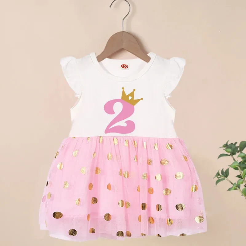 Happy Birthday Print Number 16th Girls Flying Sleeve Dresses Cute Kids Party for Princess Dress Tops Baby Clothing 240413