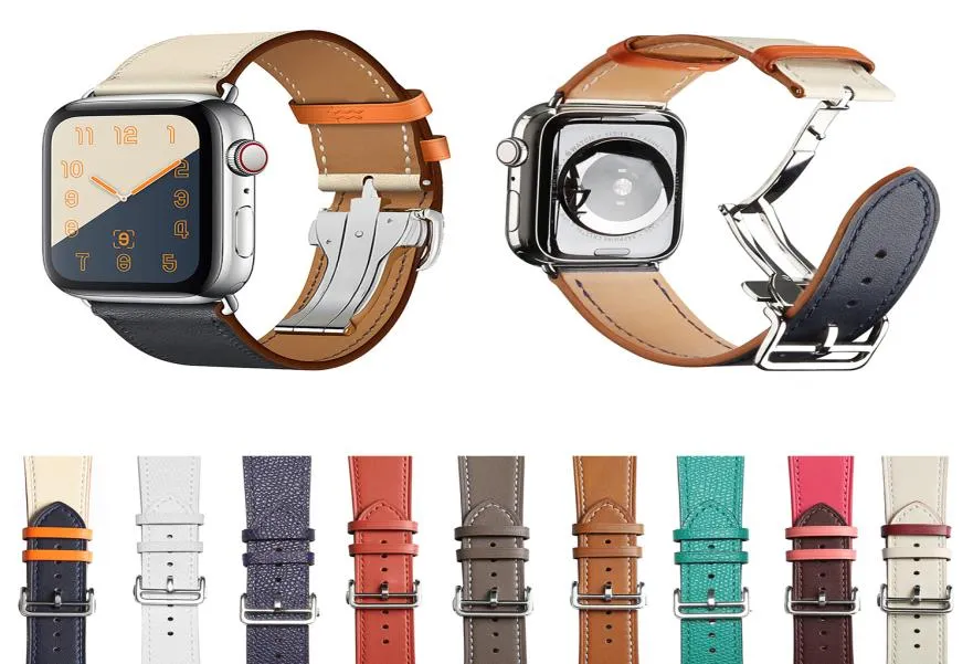 Luxury Folding Buckle Real Leather Band för Apple Watch 38mm 40mm 42mm 44mm Watchband för Apple IWatch Series 1 2 3 4 5 Rem Brac6772298