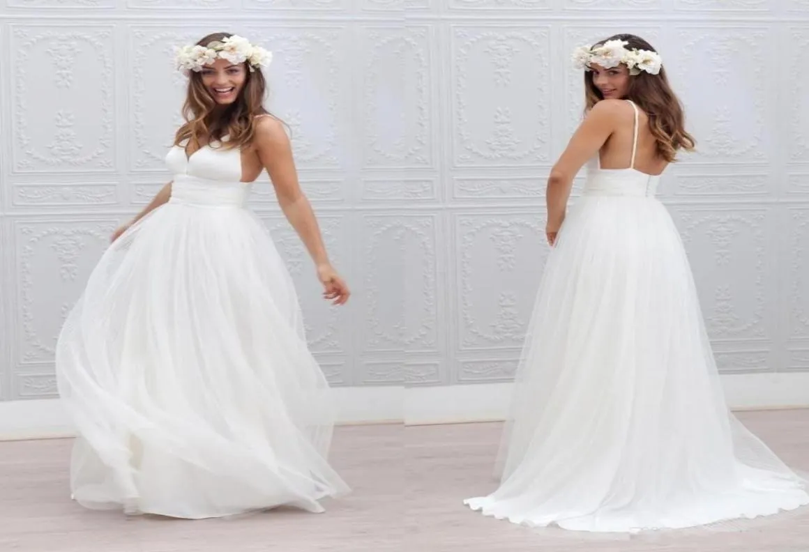 Bohemian Beach Wedding Dresses Spaghetti Stems Pure White Ruched Tulle 2015 Bröllopsklänningar Simple Style Fairy Bridal Gowns5708526