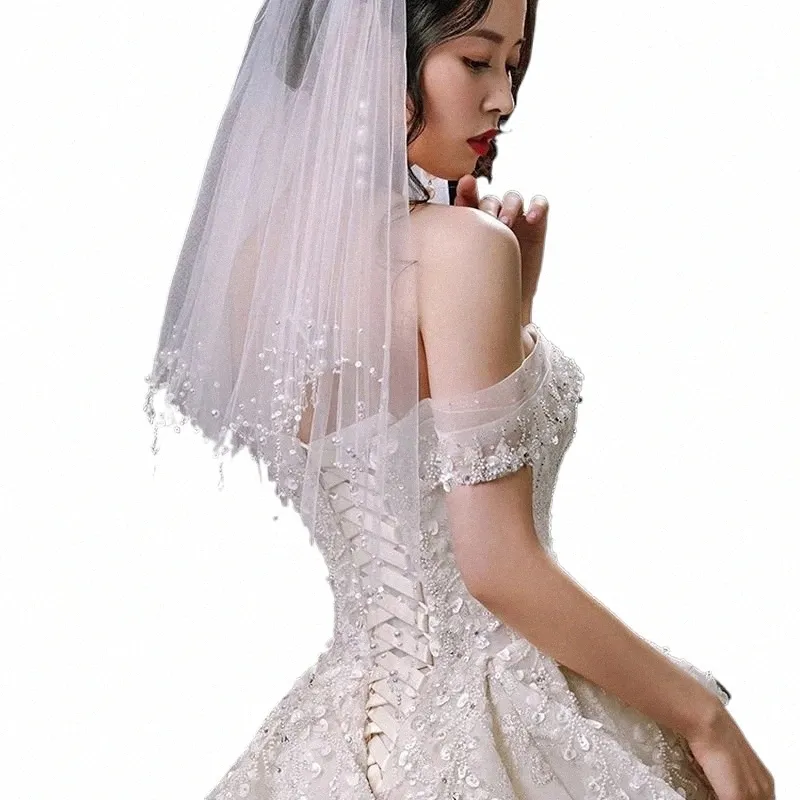 Groothandel luxe bruiloft sluier met kristalrand korte twee lagen witte ivoor tule bruids sluier 2023 h6cn#