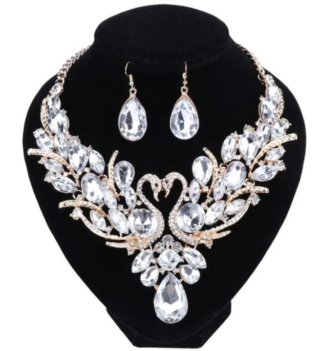 New Fashion Luxury Multicolor Crystal Double Swan Statement Necklace Earring For Women Party Wedding Jewelry Sets7565519