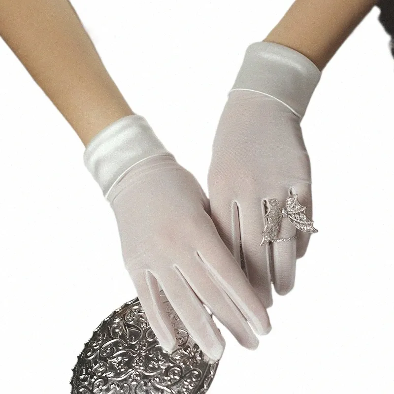 simple Women Short Wedding Bridal Gloves Smooth Satin Tulle White Brides Bridesmaid Finger Gloves WG019 f8Ch#