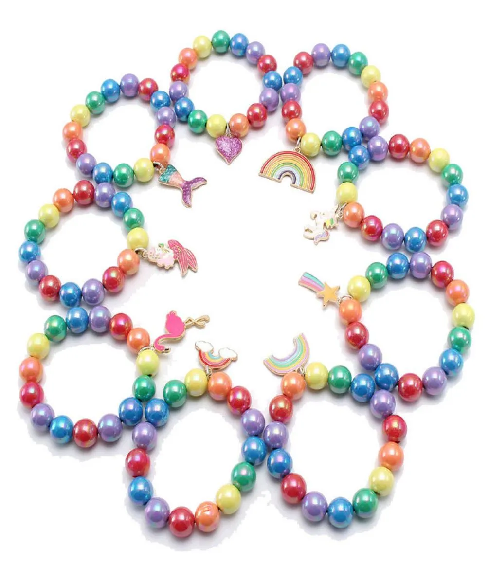Ins 18 stilar barn diy regnbågspärlor smycken sjöjungfru flamingo charms armband söt design prinsessa armband för tjej gåva6855804