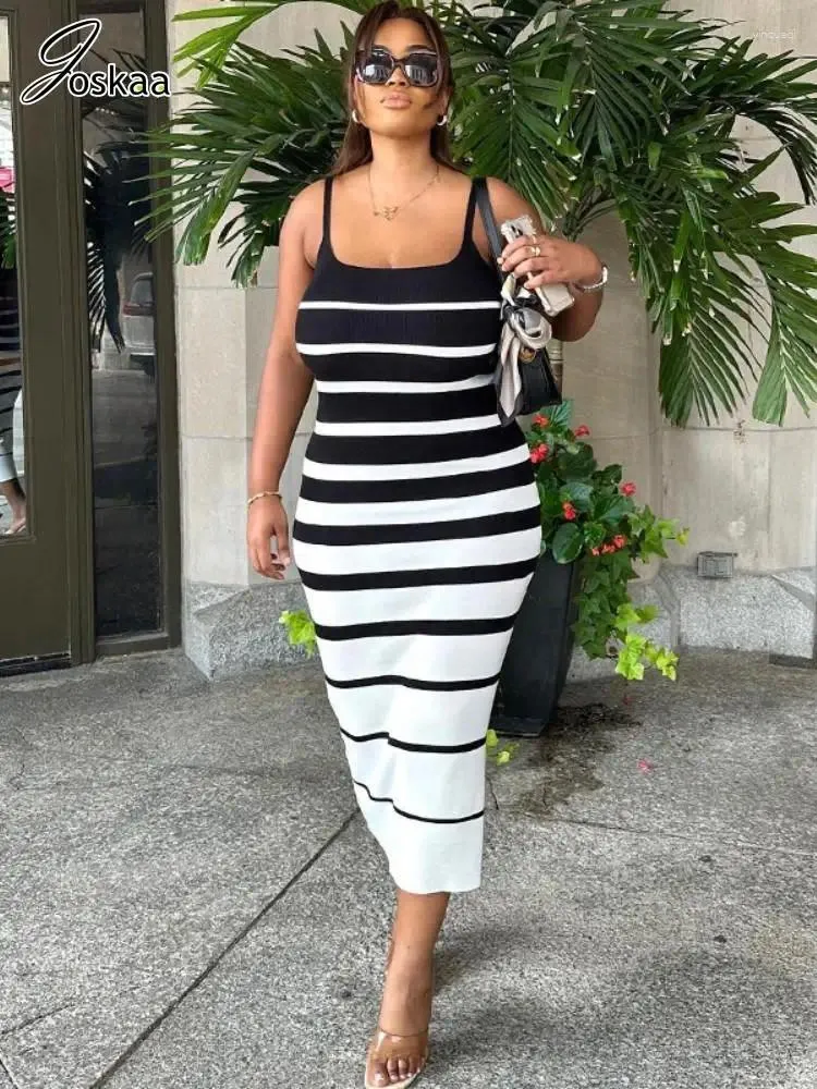 Casual Dresses Joskaa Black And White Striped Midi Dress Women Sexy Spaghetti Strap Sleeveless Body-Shaping Robe 2024 Spring Vintage