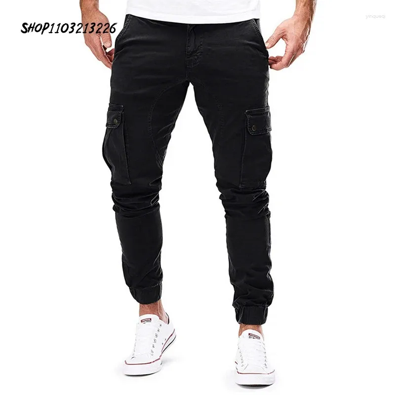 Men's Pants Skinny Solid Sweatpants Men Casual Cargo Workwear Large Pocket Tactical Ankle-Length Trousers Male M-3XL YB-A659