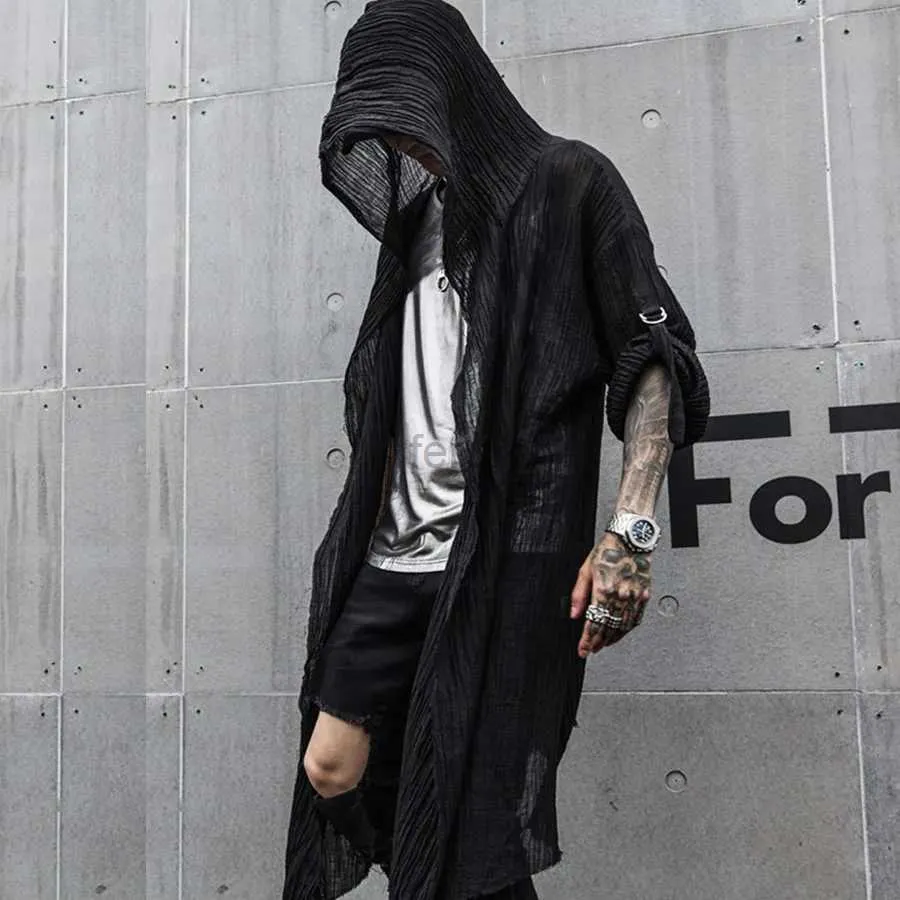 Koszulki męskie Koszulki nocne DJ piosenkarka Punk Rock Hip Hop Long Shirt Black Hooded Cloak Cardigan Men Linen Oversize Bluzka Gothic Vintage Streetwear 24416