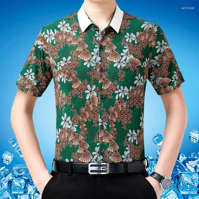 Camicie casual maschile Stampa di seta ghiacciata di alta qualità 2024 Fiori di moda estiva stampata top corta abito cool liscio