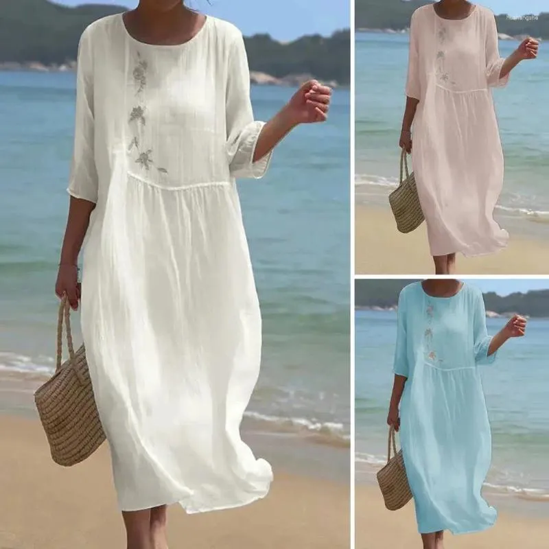 Three Quarter Sleeve Maxi Dresses - Elegant Women's Floral Embroidered Midi  Dress with Round Neck, Lightweight Fall/Spring Casual Dress