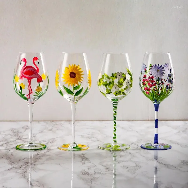 Bicchieri da vino in vetro colorato nordico fiori dipinti a mano dipinti per la casa