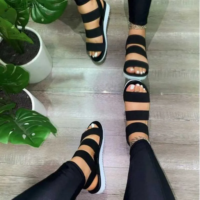 Sandals Woman Summer Casaul Platform Sandalias Soild Color Slip-On Open Toe Flats Banda Elastic Party Beach Shoes para mulheres 2021 H240416
