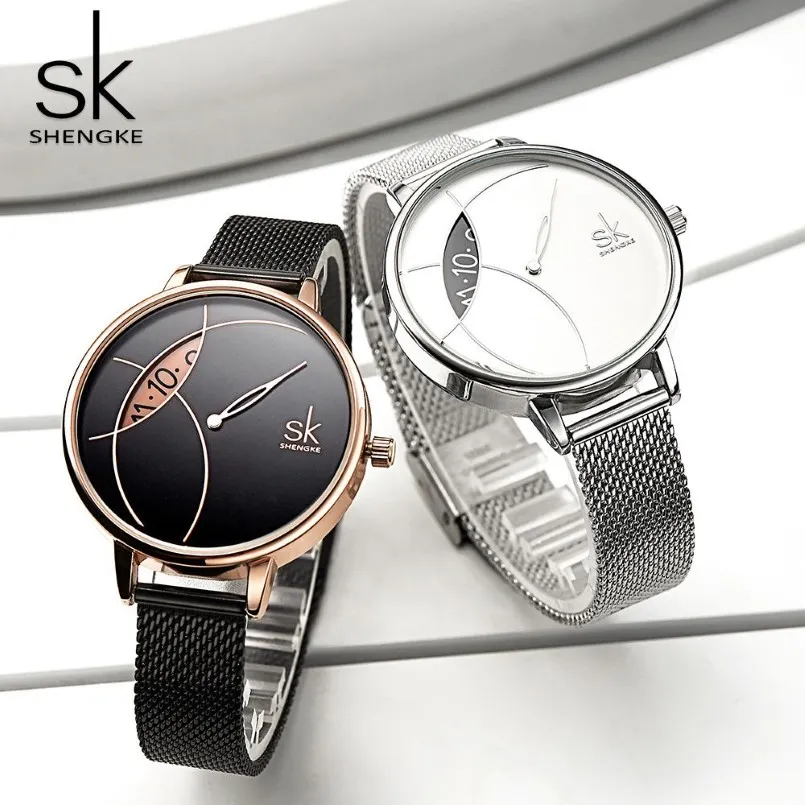 Shengke Women Fashion Watch Creative Lady Casual Watches Stainless Steel Mesh Band أنيقة Desgin Silver Quartz Watch for Female C1976