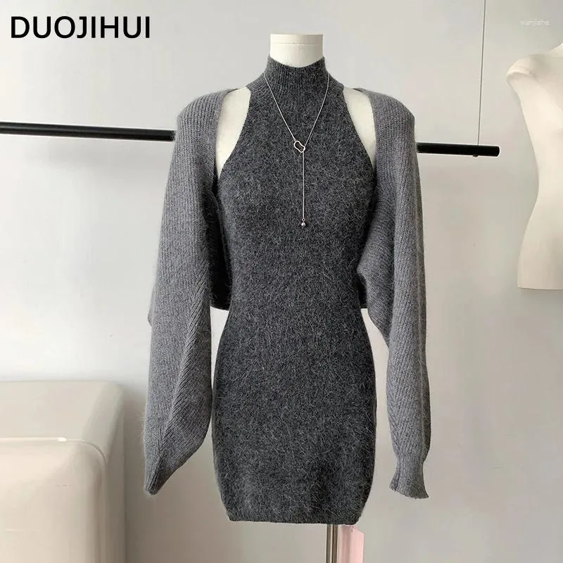 Casual Dresses DUOJIHUI Two Piece Grey Basic Sexy Knitting Female Autumn Fashion Shawl Simple Solid Color Loose Women Dress