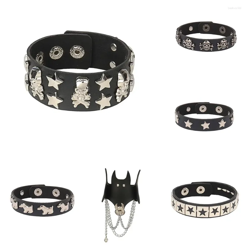 Länkarmband gotiska 90 -talets punkstjärna goth bat skelett wrap armband kvinnor män skalle svart pu läder armband halloween smycken