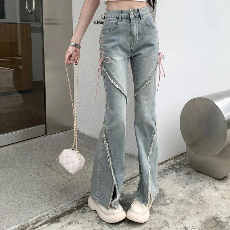 Frauen Jeans 2024 Y2k Frühling und Herbst Split Micro Horn Spitze hoher Taille würziges Mädchen Schlankes gerade Ärmeln Designhosen