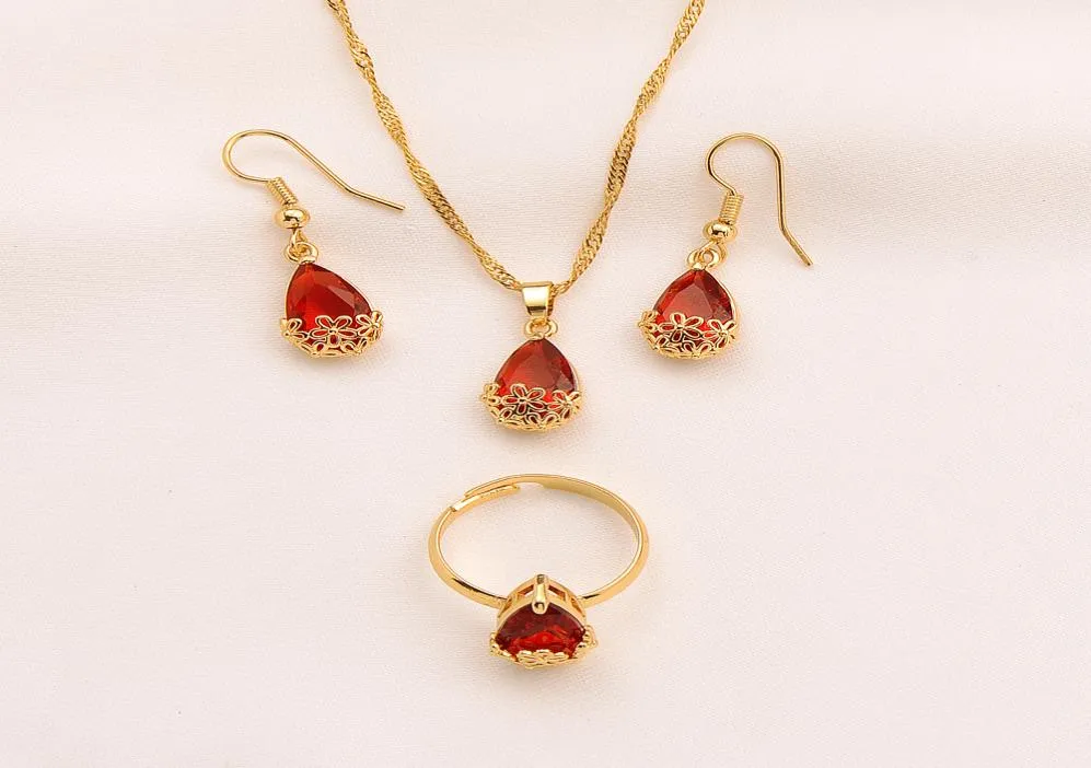 Water druppel rode kristallen sieraden set hanger ketting oorbellen ring 24k fijn solide gouden gf cz grote rechthoek juweeltje met 7871455