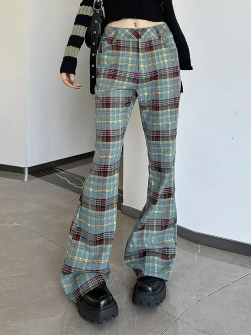 Spodnie damskie porywczy amerykański styl seksowne retro kratę kontrast kolor wysoki talia swobodne spodnie Hongkong All-Dopasowanie szachownicy bootcut
