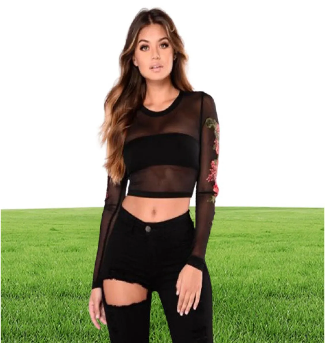 Ricamo fiore nero vedi attraverso magliette da donna raccolta top top mesh sheer tube club club top ladies tees tshirts6340298