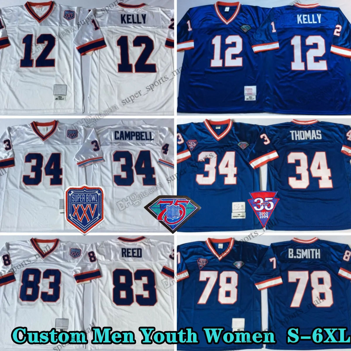 NCAA S-6XL 75th Vintage 34 Thurman Thomas Football Jerseys 12 Jim Kelly 78 Bruce Smith 32 O.J. Simpson 68 Joe DeLamielleure 83 Andre Reed 66 Billy Shaw 70 Tom Sestak Talley