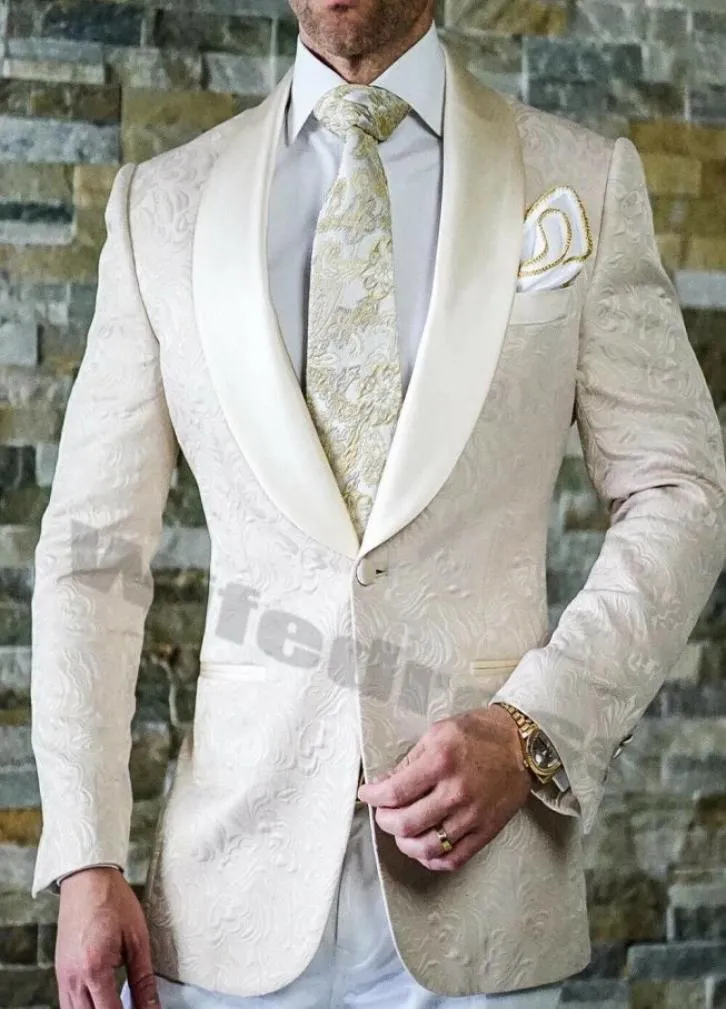 Beyaz Erkekler Düğün Giyim Takım Sekreter Takım Prom Partisi Groomsman Blazers Baskılı Çiçek Yakası Tek Parça Ceket Özel Made9320611