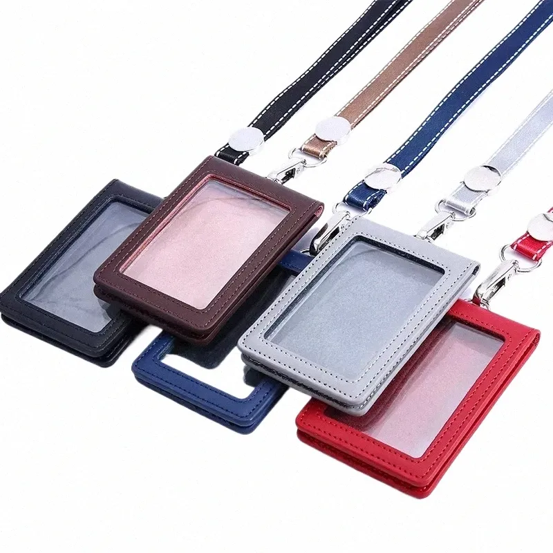leather Id Holders Case PU Busin Badge Card Holder with Neck Strap Lanyard Fi Credit Card Wallet School Office Supplies P3lS#