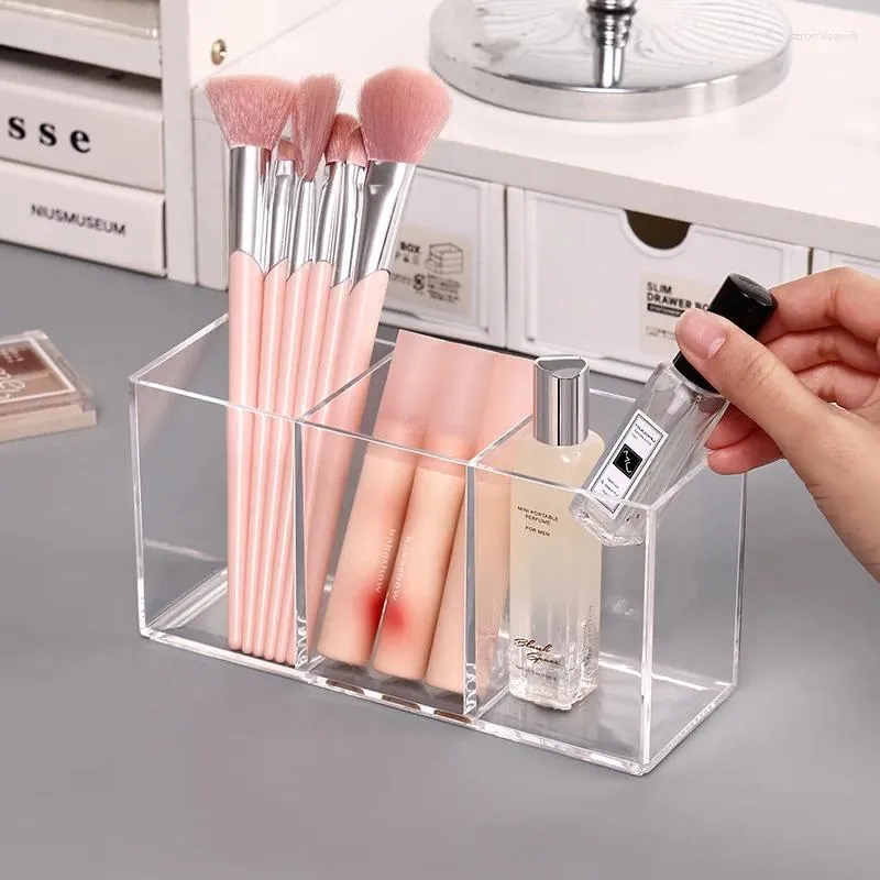 Storage Boxes 3 Holes Transparent Acrylic Makeup Brush Tool Box Case Make-up Holder Table Organizer