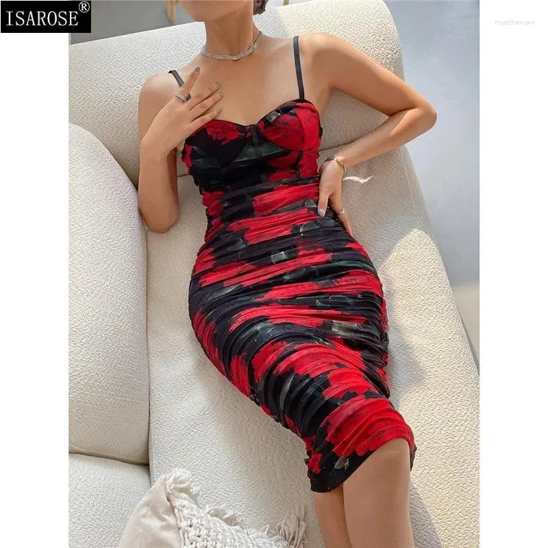 Casual Dresses ISAROSE Fast Delivery 2024 Stretch Mesh Dress Women Summer Floral Printed Ruched Low-cut High Waist Knee Length Bodycon