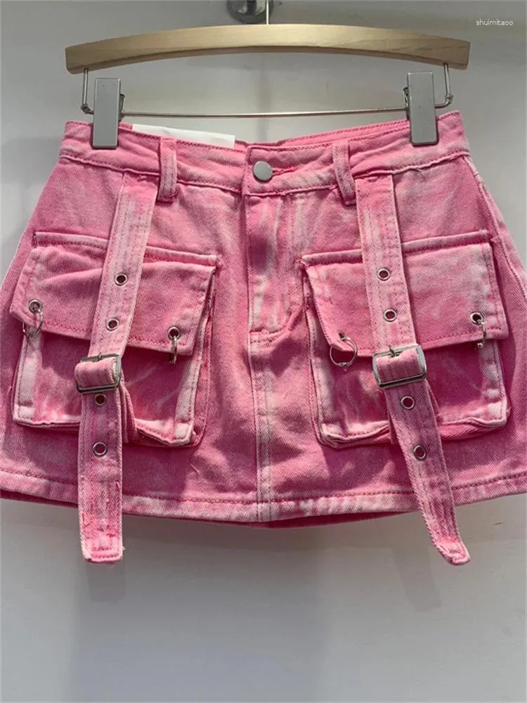 Signe Wlwxr Spring Summer Pink Denim Pocket Mini Street Street Street Y2K per donna 2024 Pulsante in vita alta blu bianco corta