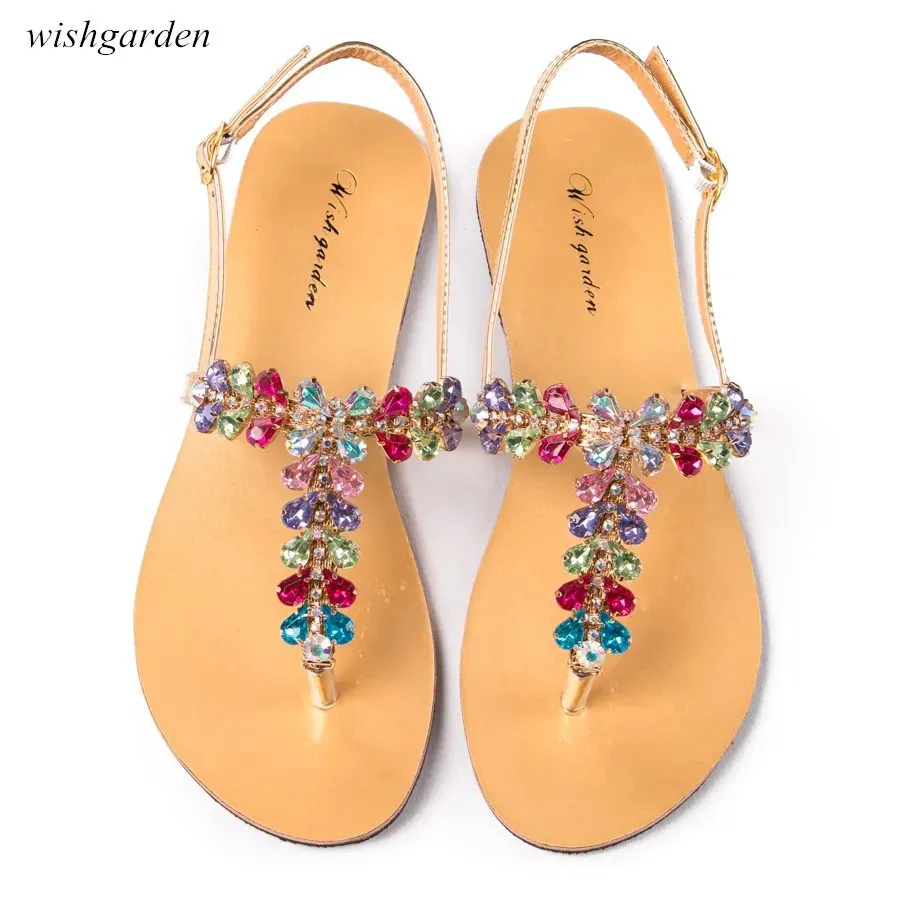 Women's Summer Bohemia Diamond Sandals Flat Beach Shining Crystal Shoes Lady T-strap Thong Flip Flops Slippers Plus Size 240402