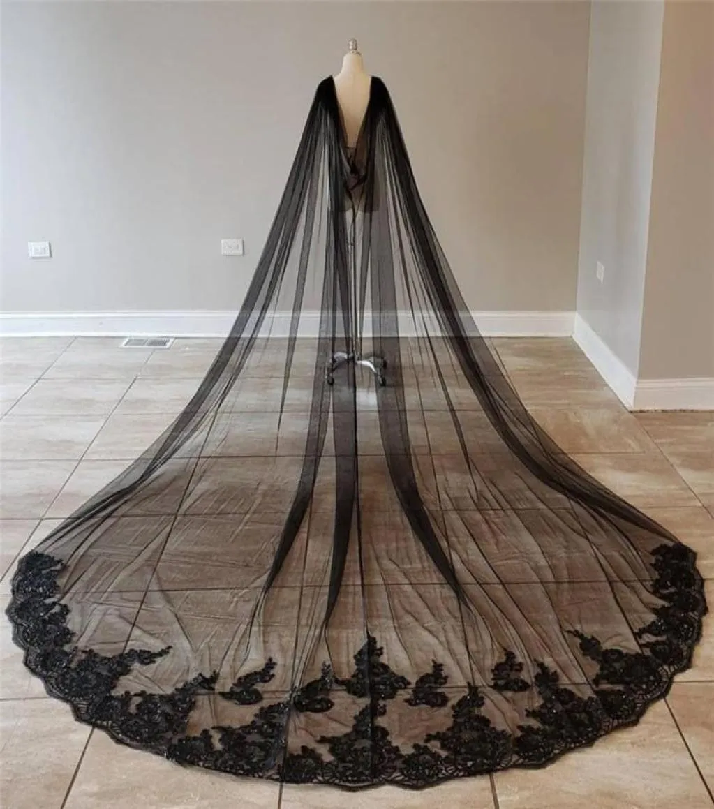 Veaux de mariée Real Pos Black Cape Sequins Lace Tulle Wedding Boleros Accessoires Cathédrale pour la mariée 3 5 METRES1922917