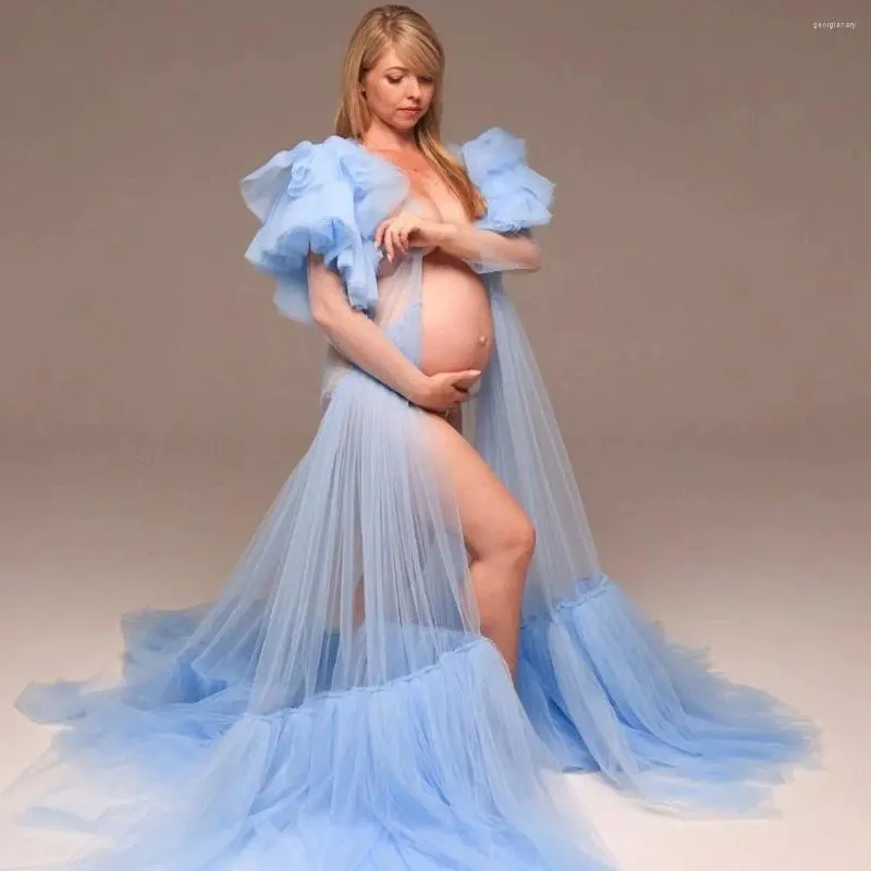 Feestjurken Sky Blue Prom Dress voor vrouwen Zwangerschap Poshoot jurk Bridal Sheer Tulle Lingerie Puffy Nighthugd Baby Shower