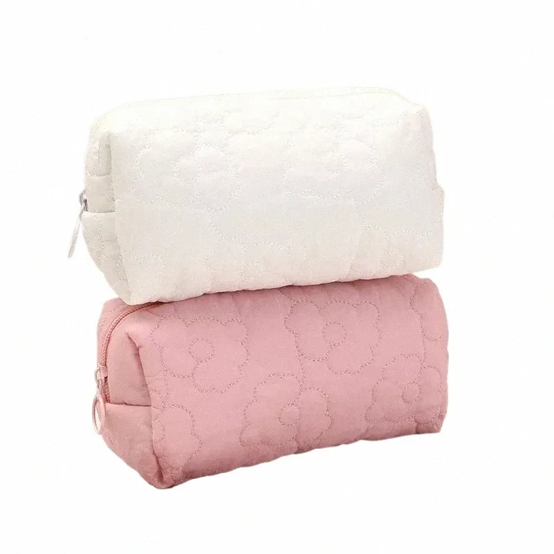 Women Pink White Cott Fr Embroidery Pillow Bag Cosmetic Bag Base Makeup Organizer Pouch Portable Travel Lage H2IM#