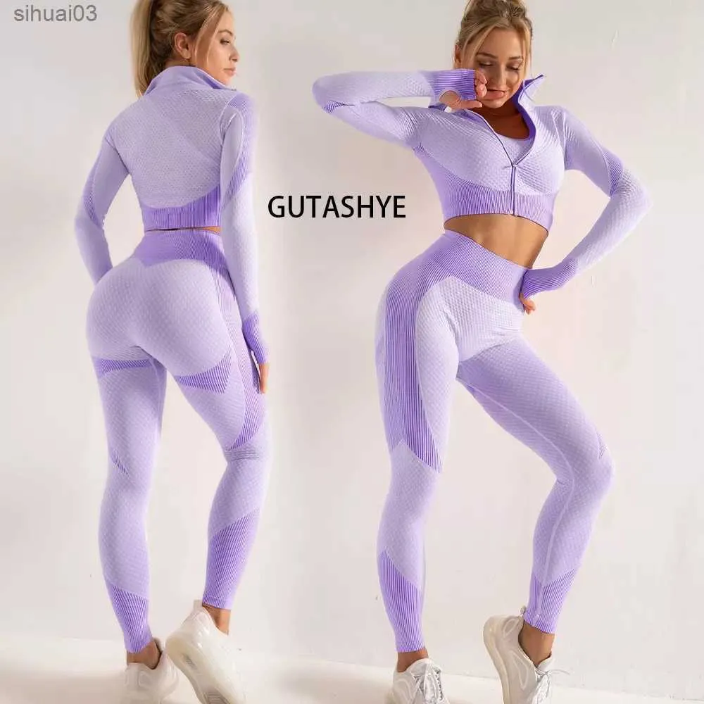 Damen -Trailsanzuiten nahtlose Langarm -Yoga -Sets für Frauen weibliche Sportanzug Fitnessstudio -Laufkleidung Fitnesskleidung 2 oder 3 PCSL2403