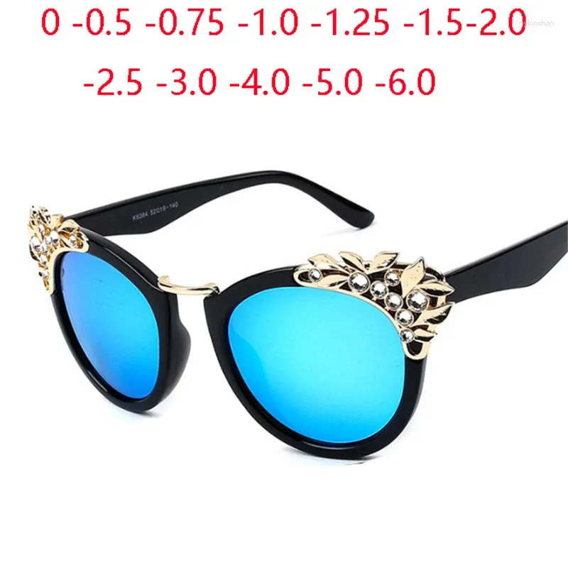 Güneş gözlüğü mavi lens kedi göz miyopi reçeteli moda kakma rhinestone polarize güneş gözlükleri kadınlar için -0.5 -0.75 ila -6