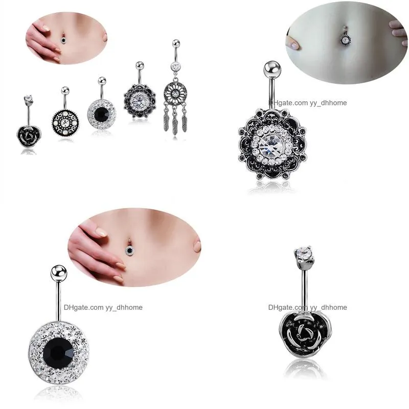 Navel Bell Button Rings 5Pcs/Set Black Vintage Wasit Belly Dance Crystal Body Jewelry Stainless Steel Rhinestone Piercing Dangle F Dhz9I